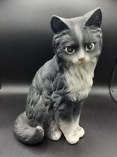 Ceramic kitty cat Japan gray black white sitting  fluffy decorative Vintage 9"