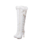 Women Fur Trim High Heel Party Platform Shoes Warm Pleated Over Knee High Boots
