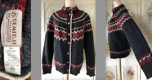 VTG BEMIDJI WOOLEN MILLS SKI SWEATER MOHAIR CARDIGAN GRAY RED FAIR ISLE L EUC - Picture 1 of 12