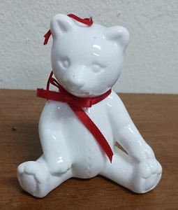VTG Dept 56 Fine Bone China Teddy Bear Christmas Ornament White w Red Bow - Picture 1 of 5