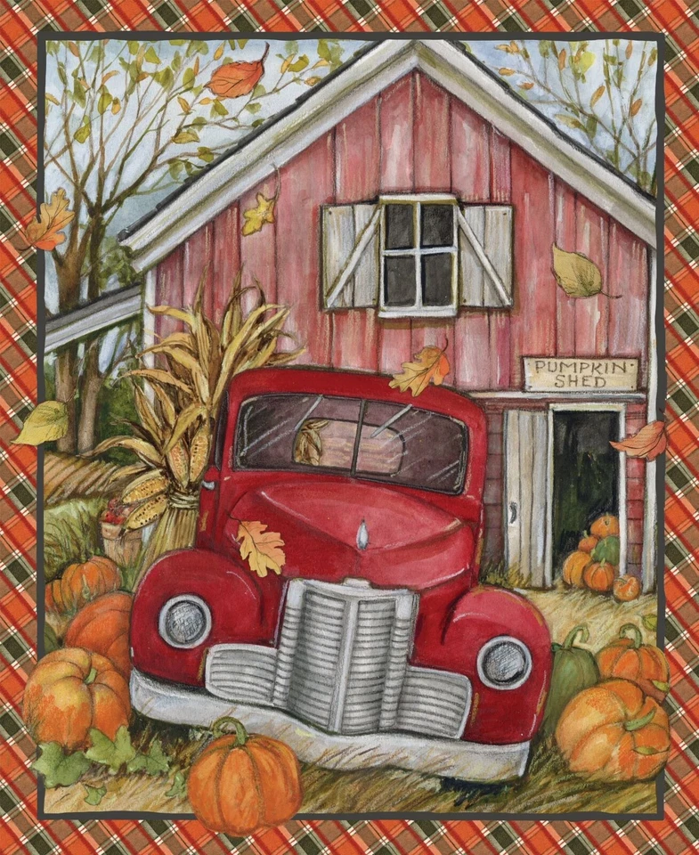 Harvest Red Truck Pumpkin Shed Panel 36 x 43 Springs Creative 100% Cotton Fabric - Image 1 of 1