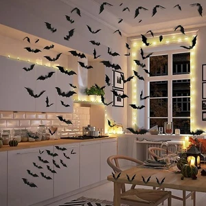 Halloween Party Decorations Bats Wall Decor 140PCS Realistic PVC 3D Black - Picture 1 of 8