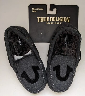 Zapatillas de mocasín True Religion para hombre 7-8 pequeñas forradas de piel sintética gris negro con logotipo Foto 1 de 4