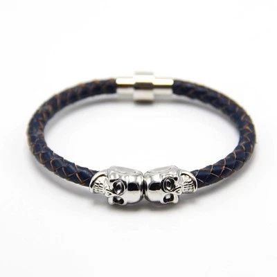 Cool Punk Mens Genuine Leather Twin Skull Magnetic Rope Braided Bracelet #B08 - Image 1 of 2