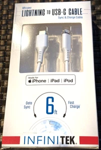 InfiniTek Lightening To USB-C Sync & Charge Cable iPhone In White 6 Feet NIB - Picture 1 of 3