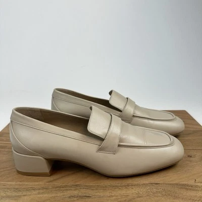 New Stuart Weitzman Sleek 35 Dune Beige Leather Heeled Penny Loafers Size 8.5 B - Image 1 of 4