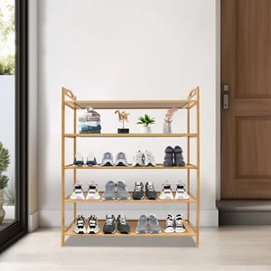 5 TIER NATURAL BAMBOO SHOE RACK ENTRYWAY SHOE SHELF CABINET STORAGE ORGANIZER - Picture 1 of 12