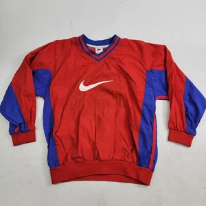 VINTAGE Nike Jacket Boys Sz L Red Blue Center Swoosh Pullover Windbreaker 90s - Picture 1 of 6