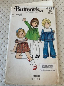 Vintage 1970s Butterick 6427 Toddler Dress&Trousers Sewing Pattern Sz1 Chest 20” - Picture 1 of 3