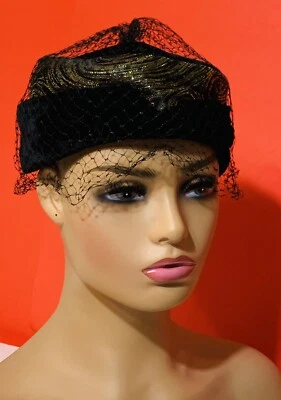 1950's 1960's Ladies Vintage Velour Black Hat With Net/ Veil - Image 1 of 4
