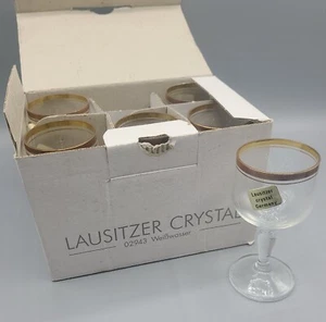 LAUSITZER CRYSTAL 4"CHALICES CLEAR GOLD RIM Goblets 6 GLASSES NEW IN BOX SHERRY - Picture 1 of 9