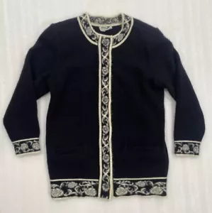 Beautiful Vtg Hanae Mori Cashmere Cardigan Sweater Black Cream Trim Buttons Med - Picture 1 of 15