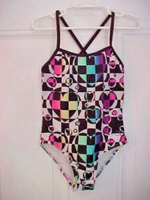 Traje de baño OP para niñas talla XS una pieza corazón diseño abstracto negro rosa  Foto 1 de 4
