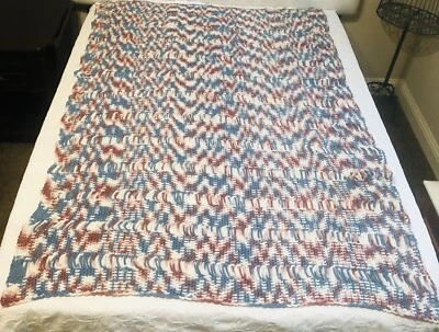 Manta afgana hecha a mano abigarrada azul rosa blanco trenzada punto de caída 70" x 50" Foto 1 de 4