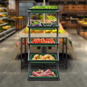 Retail Display Rack, Market Shelf 5 Tiers Fruit Vegetable with 5*Snack Baskets - Picture 1 of 24