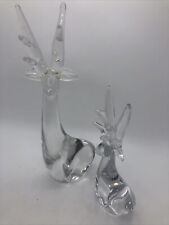 2 Vintage Enesco Clear Art Glass Reindeer Deer Buck  Figurine  Paperweight