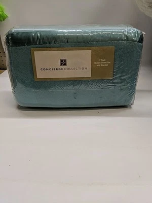 Pack de 2 sábanas y mantas Queen Concierge Collection Aqua nuevas en paquete Foto 1 de 4