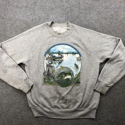 Moletom de pesca vintage masculino grande baixo barco gola redonda feito nos EUA anos 90 - Imagem 1 de 4