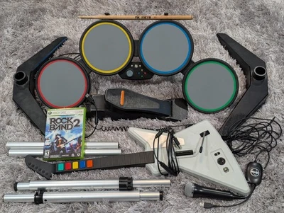 Xbox 360 Rock Band 2 Bundle Set (Drum set, Guitar, Games, Mic) Wired All Tested - Image 1 of 4