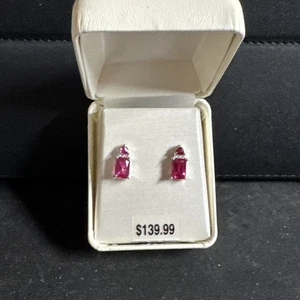 Emerald Cut Lab Created Pink Ruby Earrings Stone Accent Sterling Silver New GLOW - Picture 1 of 8