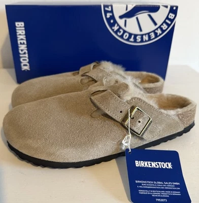 Birkenstock Boston Taupe Shearling Lammfell Veloursleder Clogs Gr. 37 38 Schmal