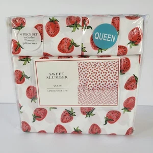 6pc QUEEN Sheet Set Classic Strawberry Patch Spring Red Strawberries Summer Girl - Picture 1 of 10