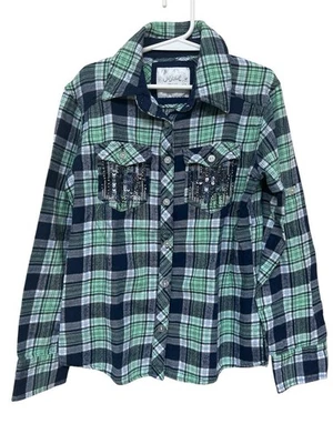 Camisa de franela Justice Girls, talla 8, azul marino/verde a cuadros, con botones, bolsillos Foto 1 de 4
