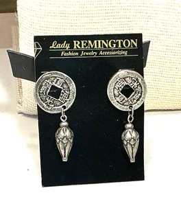 Lady Remington Earrings Cast Silver Tone Chinese Coin Top Post  Lot 66B - Picture 1 of 3