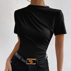 Women Short Sleeve High Neck Pleated Top Solid Color Slim Fit for Club Holiday - Picture 1 of 17