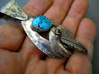 Native American Turquoise Sterling Silver Eagle Feather Stampwork Pendant  2.6"