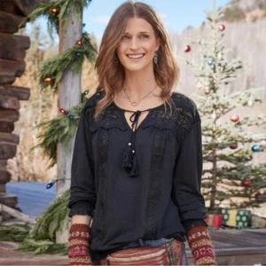 Sundance Women's Black Long-sleeve Cotton Lace Top Size S Small - Picture 1 of 12
