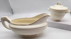 Homer Laughlin 1942 White w/ Gold Band Fine China Gravy Boat & Sugar Bowl w/ Lid - Picture 1 of 14