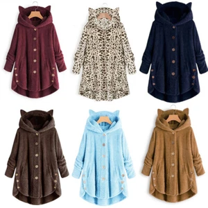 Women Coat 2024 Fashion Irregular Cat Ears Plush Top Button Hooded Solid Color - Picture 1 of 28