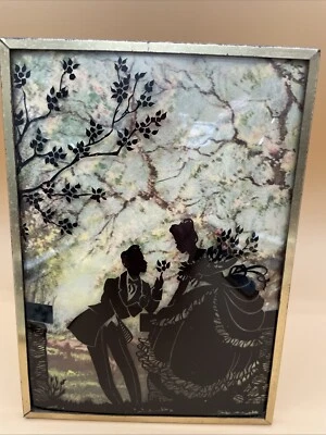 Cuadro vintage de silueta de vidrio convexo pintado al revés pareja victoriana 5"x7" Foto 1 de 4