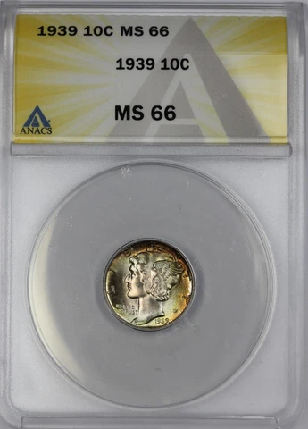 1939 Toned ANACS MS66 Silver Mercury Dime 10c Great Eye Appeal Cover
