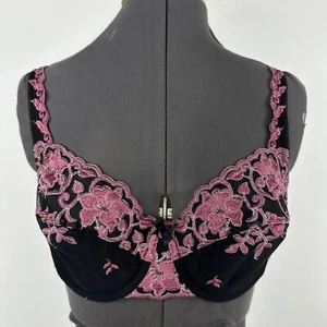 Victoria Secret Demi Bra Sheer Lace 36 C Black Pink Floral Embroidery Wired - Picture 1 of 10