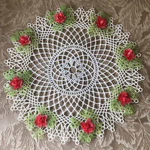 Vintage Plastic Placemat Doily Red Rose  Accent Table Decor Granny Cottage - Picture 1 of 4