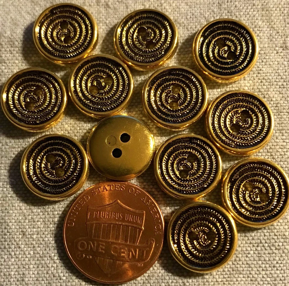 12 Small Gold Tone PLASTIC Sew-through Buttons 1/2" 13MM Lot # 3427 - Image 1 of 1