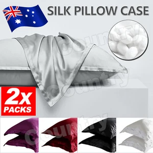 2Pcs Silk Satin Pillow Case Cover Solid Standard Bedding Smooth Soft Pillowcase - Picture 1 of 13