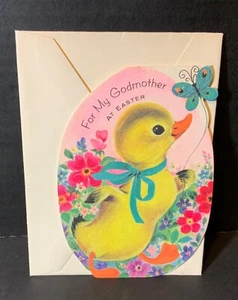 VTG Gibson DieCut Easter Card UNUSED Godmother Duck Butterfly Glittery Flowers - Picture 1 of 4