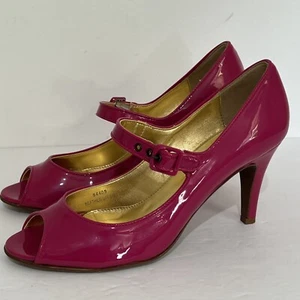 J CREW Italy 8.5 Fuschia Pink Patent Mary Jane Peep Toe Heels Shoes Barbiecore - Picture 1 of 10