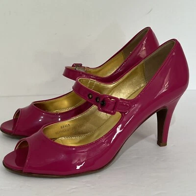 J CREW Italy 8.5 Fuschia Pink Patent Mary Jane Peep Toe Heels Shoes Barbiecore - Image 1 of 4
