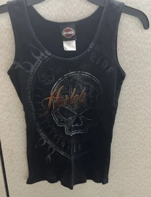 Винтажный Harley Davidson мотоциклов Майка женщин M ребристый черный череп Twin Cities - Изображение 1 из 4