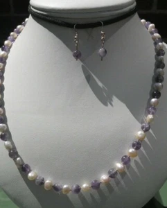STERLING 925 SILVER PEARL AMETHYST NECKLACE EARRING ROSE GOLD PTD SILK KNOTD 19" - Picture 1 of 9
