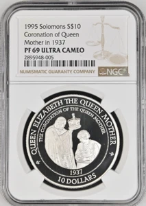 :1995 S$10 SOLOMON ISLANDS CORONATION QUEEN MOTHER NGC PF69 UCAM RARITY R-10 1/0 - Picture 1 of 2