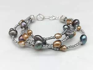 bracciale donna multifilo perle barocche naturali argento 925 ematite - Foto 1 di 7