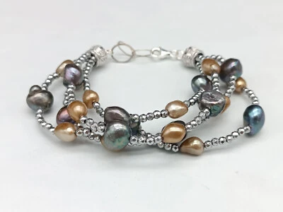 bracciale donna multifilo perle barocche naturali argento 925 ematite - Immagine 1 di 4
