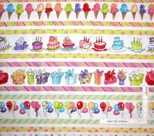 It's A Party Balloon Ice Cream Birthday Stripe Cotton Fabric Loralie By The Yard - Picture 1 of 3