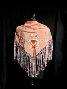 🌸 Antique Vintage Art Deco Chinese Embroidered Triangular Silk Shawl Floral 🌸 - Picture 1 of 20