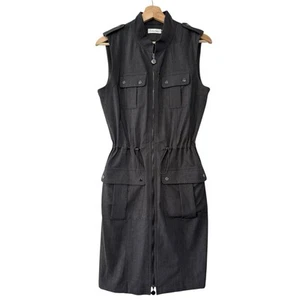 Calvin Klein Gray Front Zip Dress Cargo Safari Drawstring Cinched 10 Utility - Picture 1 of 12